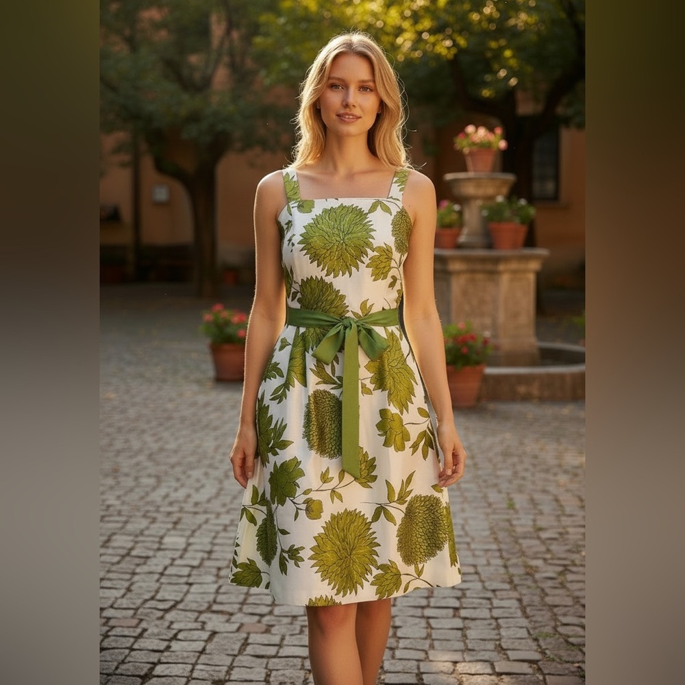 Jessica Howard Chrysanthemum Olive White Floral Sleeveless Satin Belted Dress